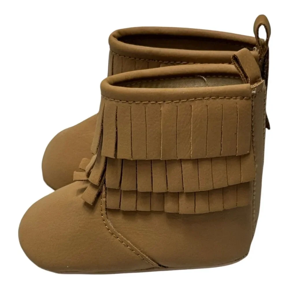 Old Navy Baby Moccasin Booties 3-6 Months Tan Brown Faux Suede Fringe NWT